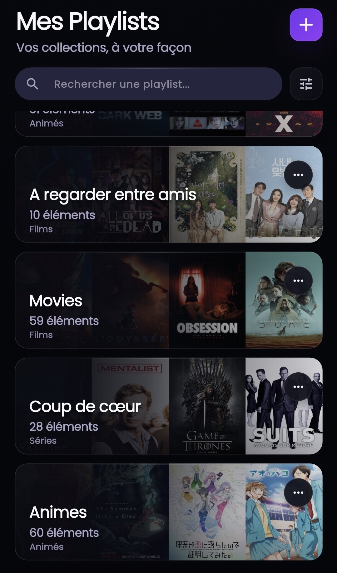 Playlists Animés, Coup de cœur, Movies et À regarder entre amis